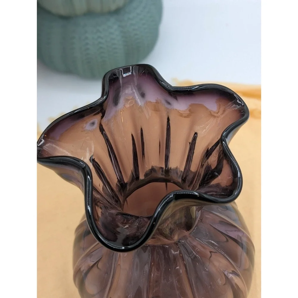 Vintage Amethyst Purple Glass Ruffled Vase Hand Blown Optic Ribbed MCM 6.5